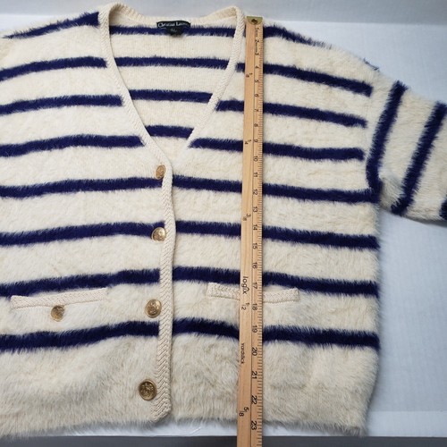 Christian Lacroix Cardigan Womens Large Cream Striped Fuzzy Gold Button Nautical - Afbeelding 6 van 16