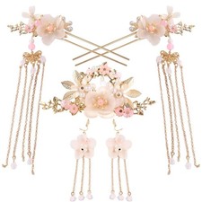 5Pcs Alloy Hair Sticks Pins Long Tassel Hanfu Chinese Flower Hair Clips Crystal