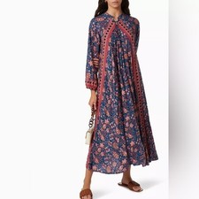 Natalie Martin Fiore Dahlia Indigo Floral Print Midi Dress Size S