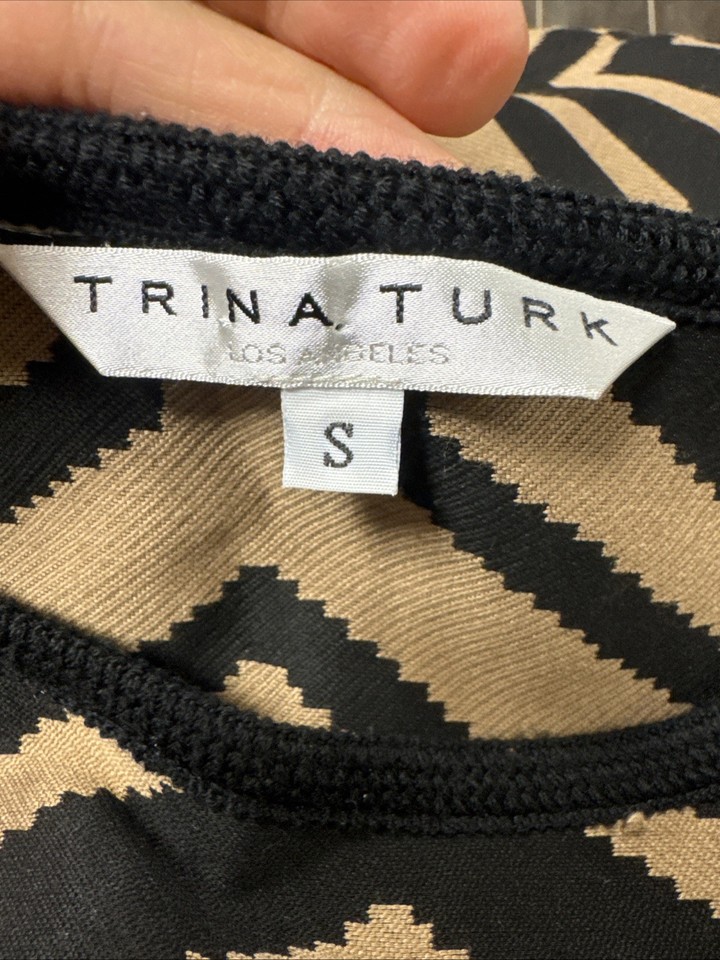 Tangent Bell Trina Turk Geometric Bell Sleeve Top Small Black Tan Made in California ...