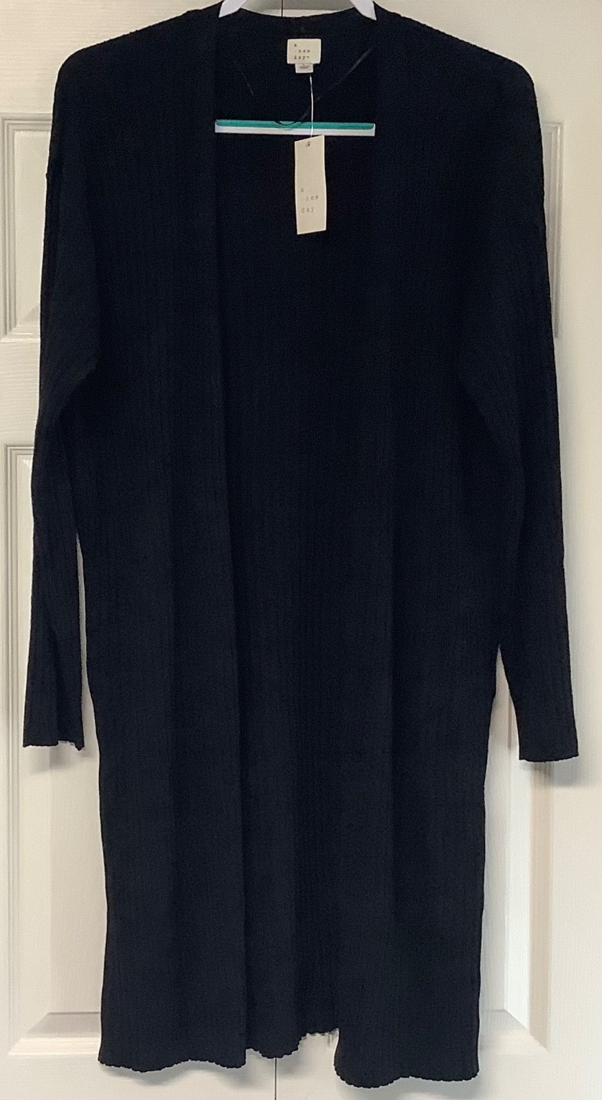 A New Day SIZE: L Black Ribbed Lightweight Long Cardigan Open Front Long Slv NWT