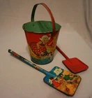 1920-30 J. Chein Tin Litho Sand Pail Bucket w/ Dutch Children Toy Shovels