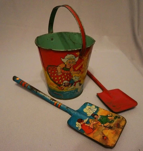 1920-30 J. Chein Tin Litho Sand Pail Bucket w/ Dutch Children Toy Shovels