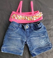 Build-A-Bear BABW Denim Jean Pants Shorts and Colorful Shirt Top SEE PHOTOS- EUC