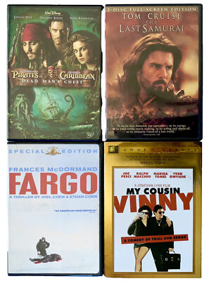 4 DVDs Pirates of Caribbean Dead Man s Chest, Last Samurai, Fargo & Cousin Vinny
