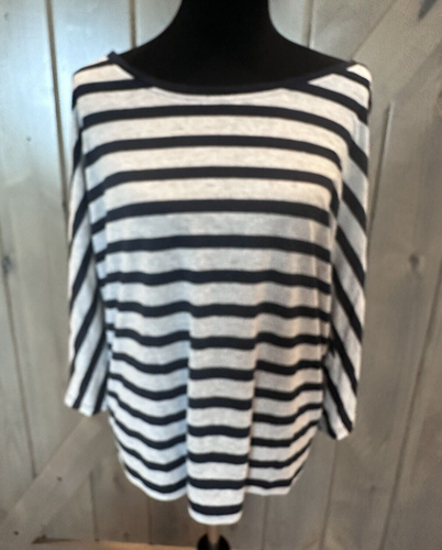 LOFT Women's Blue & Gray Striped Dolman Sleeve Boat Neck Lightweight Top Sz L