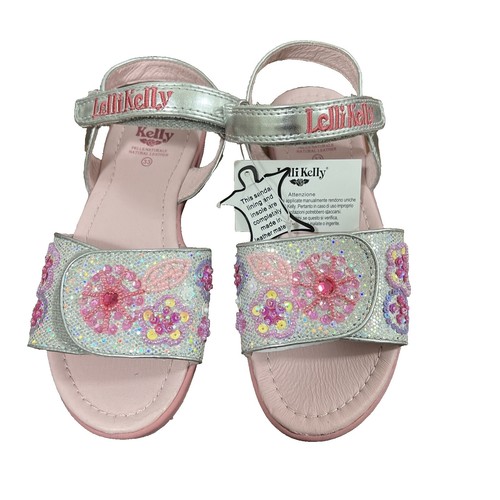 New Lelli Kelly Girl's Pewter Sparkle Hot Pink Flower Sneakers