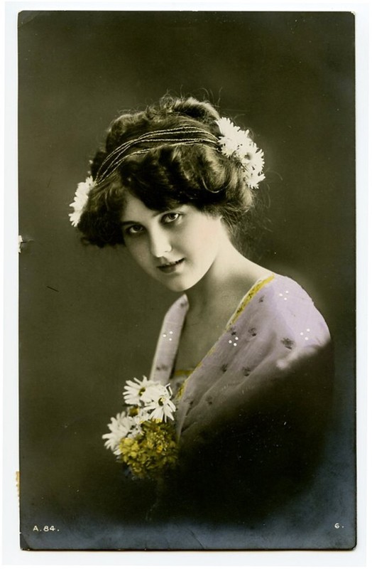 1910s Glamor Pretty Young Lady FLOWERS IN HAIR Beauty photo postcard