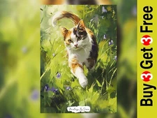 Charming Playful Cat Grass, Oil Painting Print 5"x7" on Matte Paper