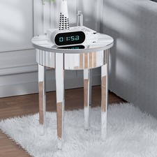 Modern Mirrored End Table Round Silver Nightstand Bedside Accent Table Bedroom