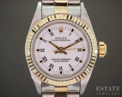1990 Rolex Oyster Perpetual 67193 Two Tone Roman 24mm Ladies Watch p21868