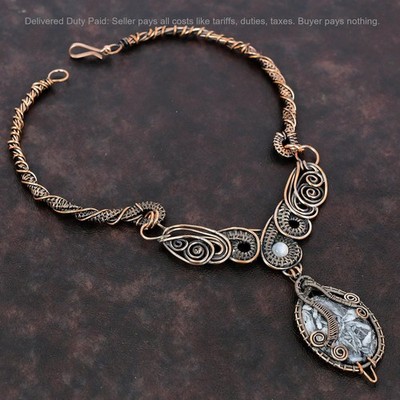 Copper Natural Pinolith Jasper Rainbow Moonstone Chain New Wire Wrapped Necklace