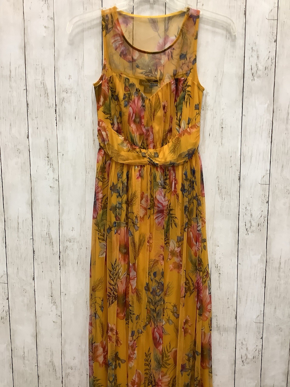 Candalite Yellow Floral Mesh Overlay Sleeveless Maxi Dress, Women's Size Small