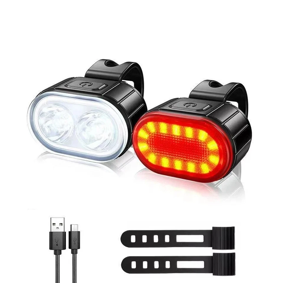 2x Mountain Bike Lights USB Rechargeable Bicycle LED Torch Front Rear + Lamp Set - Image 2 of 4