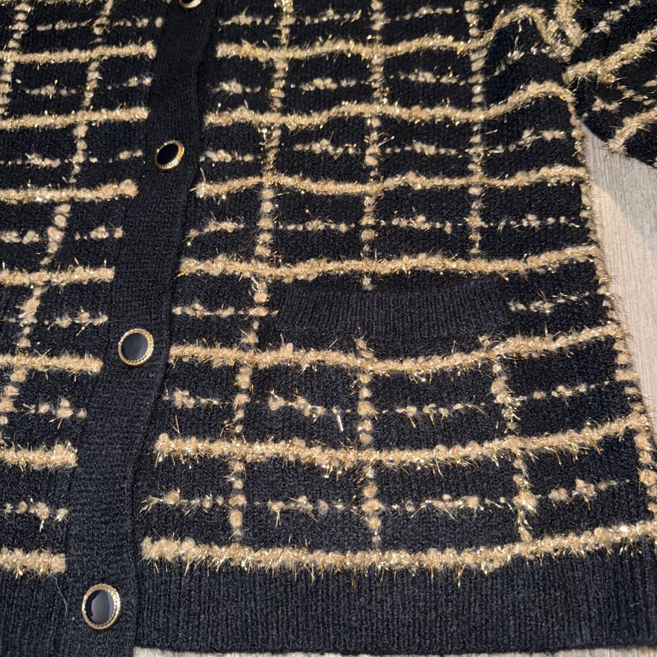 Cárdigan Suéter Talbots Negro Metálico Dorado Botón Lana Algodón Talla Mediana Nuevo Foto 2 de 4