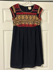 Anthropologie EDME & ESYLITE Sz S Blue w/ Aztec Embroidery Cap Sleeves Dress