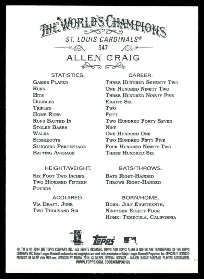 2014 Topps Allen & Ginter Allen Craig #347 St. Louis Cardinals - Image 2 of 2