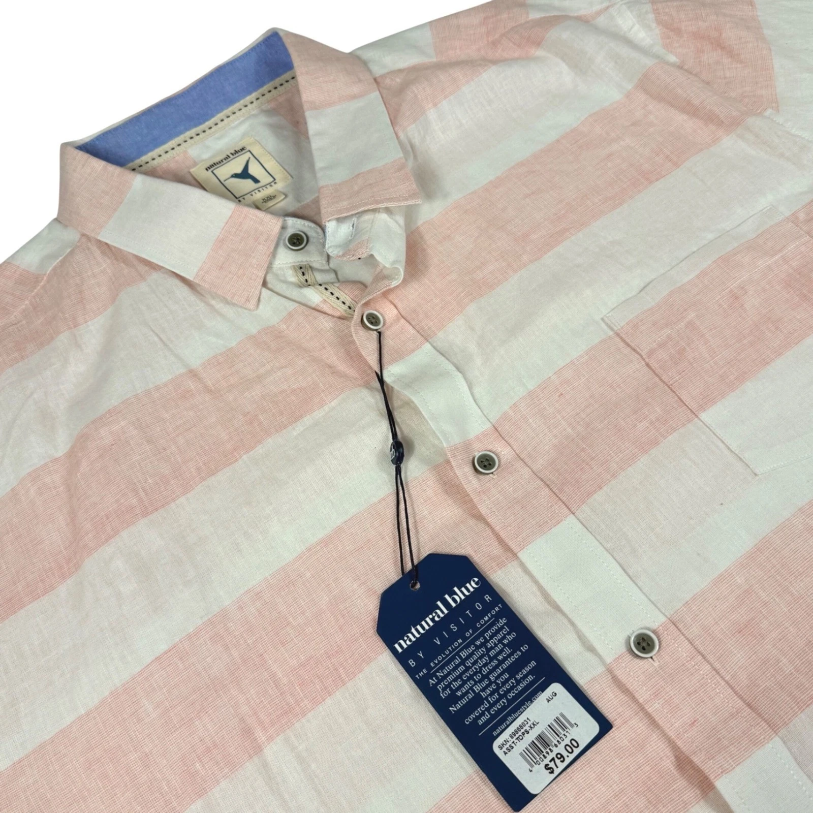 Natural Blue Button Up Shirt XXL Peach White Striped Linen Cotton Short Sleeve
