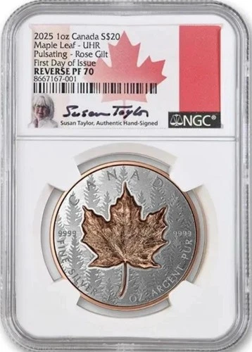 2025 Canada Maple Pulsating Rose Gold Gild 1 oz Silver NGC Reverse PF 70 FDOI