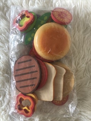 Hape Wooden Toy Food Hamburger Plus Condiments Over 20 Pieces New In Pkg