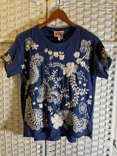 Johnny Was JWLA Blue Embroidered Floral Short Sleeve T-Shirt XS
