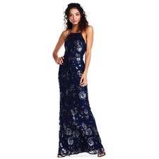 Adrianna Papell Blue Floral Sequin Halter Maxi Dress US 10 Formal Wedding Prom