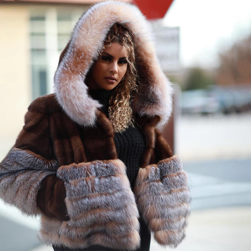 Hooded fur top jacket womens