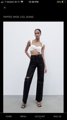 Zara Ripped Wide Leg Jeans Black Size Denim High Rise Distressed