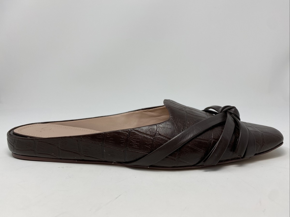 AD Daughters Mules Flats Slip On Square Toe Brown Leather Croc Bow Casual