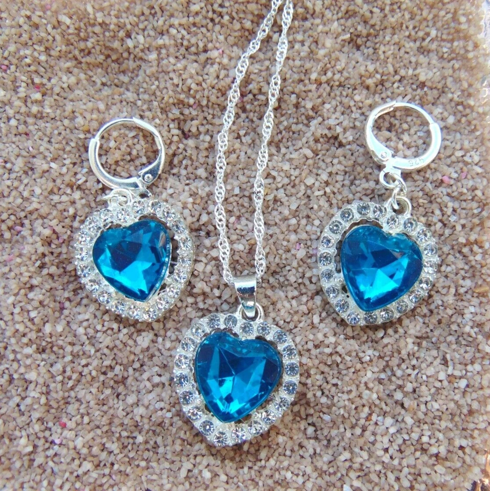 925 Silber Schmuck Set Herz Titanic Dunkel Blau Zirkon  Kette Anhänger Creolen - Bild 3 von 4