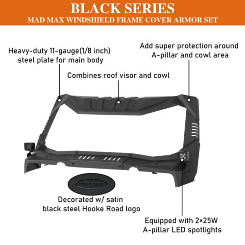 FIT JEEP WRANGLER JK/JKU 2007-2018 STEEL WINDSHIELD ARMOR GUARD W/LED LIGHTS - Picture 2 of 17
