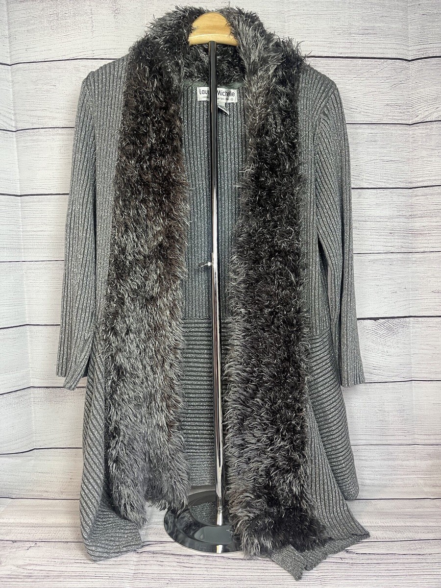 Lauren Michelle Silver Faux Fur Collar Shimmering Long Cardigan 3/4 Sleeve  M EUC