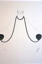 Erte 1982 - FICELLE or LA CORDA Unusual Scarf and Gloves Art Deco Print Matted