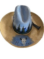 Western Straw Hat Size 7 1/2 Hand-Painted &lsquo;Montana&rsquo; Mts. Trees American Hat Co.