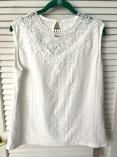 SHEIN Size XL  White Eyelet & Embroidery Sleeveless Blouse w/ Keyhole Back