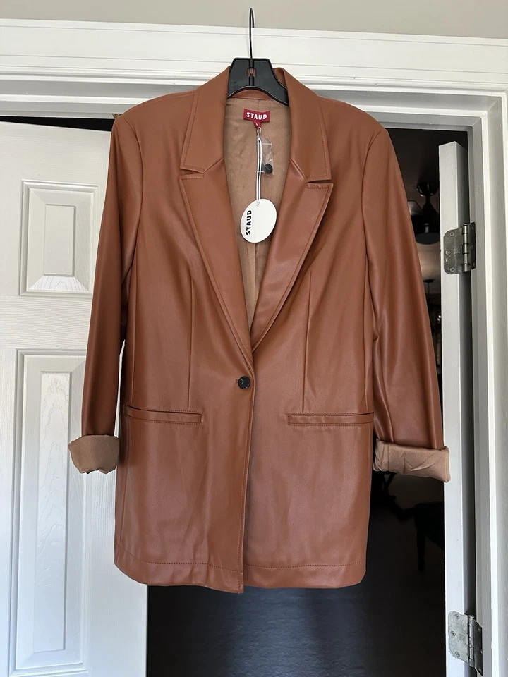 Chaqueta Blazer Staud Madden Mujer Imitación Cuero Vegano Whisky M Venta al por menor $395