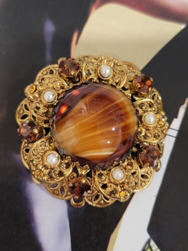 Vtg West Germany Goldtone Filigree Amber Glass Bro