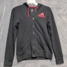 ADIDAS Womens S Full Zip Black Pink Logo  Drawstring Long Sleeve Track Hoodie