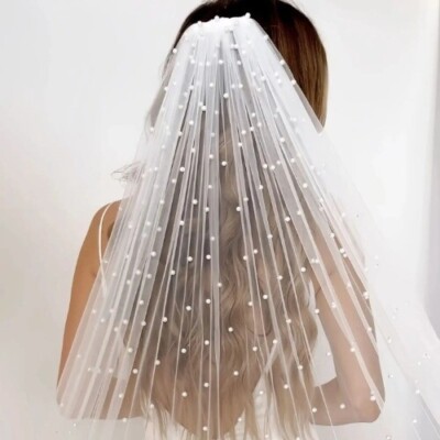 Pearls Bridal Veil Soft 1 Tier Beaded Wedding Veil Cathedral Length with Comb
