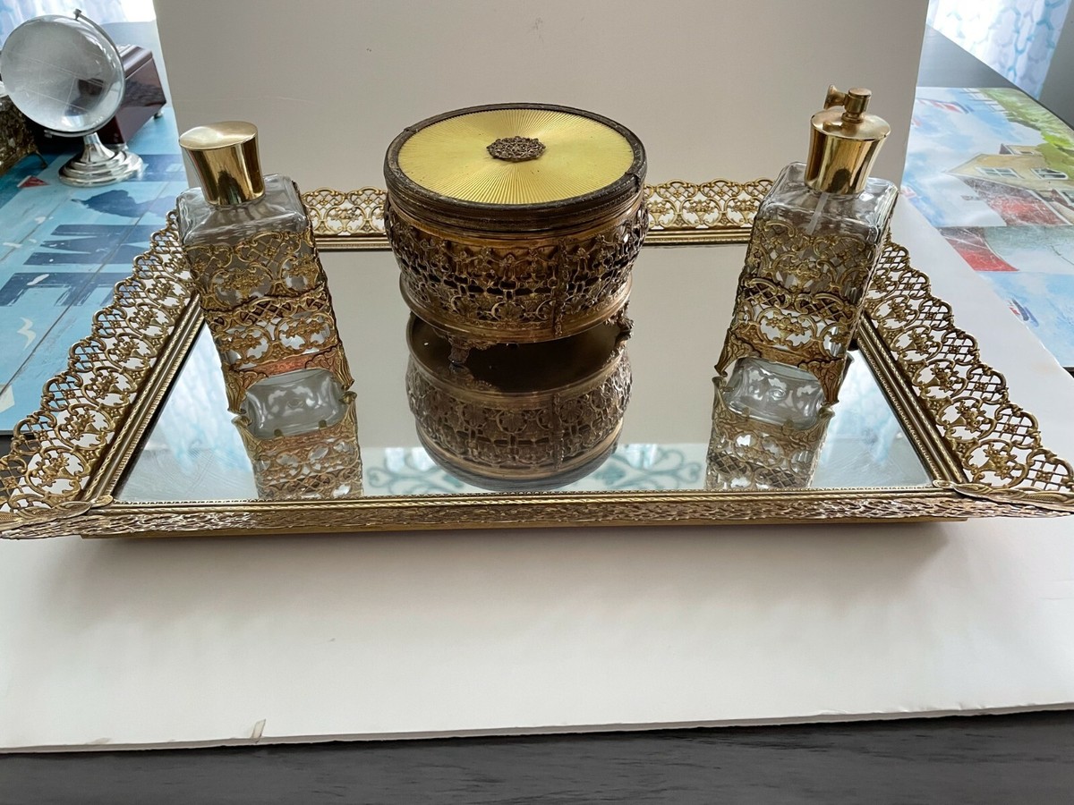perfume tray for dresser Metal Decorative Gold Mirror Tray Mirror Vanity Tray Tray Measuring 10.4 x 6.7 x 2 inches Vanity Trays for Dresser -