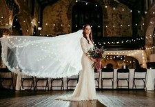 LACE WEDDING DRESS, Fit and Flare, Long Sleeve, V-Neck, Sweep Train