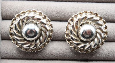 Vtg Coro Clip-On Earrings MCM Textured Silver Tone Pinwheel Rope Swirl