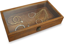 Wood Glass Top Jewelry Display Case Accessories Storage, Wooden Jewelry Tray for