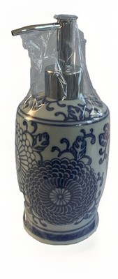 VTG Blue & White Porcelain Soap/Lotion Dispenser Floral Chinoserie NOS 8 
