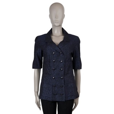 73734 auth CHANEL navy blue silk 14C CAMELLIA JACQUARD Jacket 40 M