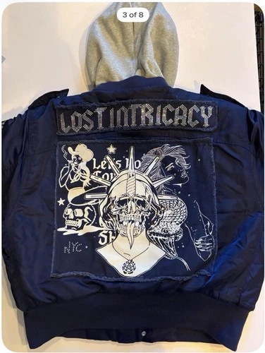 Lost Intricacy Midnight Empire Navy Rhinestone Bomber Jacket Hooded Medium NWT - product listing photo