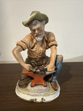 Vintage Porcelain Figurine Blacksmith Man Anvil Hand Painted European Style