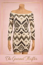 Express Sequin Aztec Southwestern Mini Dress Off Shoulder White Black Sz S
