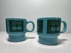 Vintage Milk Glass Mugs Hazel Atlas Teal Green Stacking Fruit Cherry Pear Apple