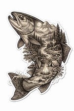 Trout Hiking Mountain Camping Sticker Fly fis...